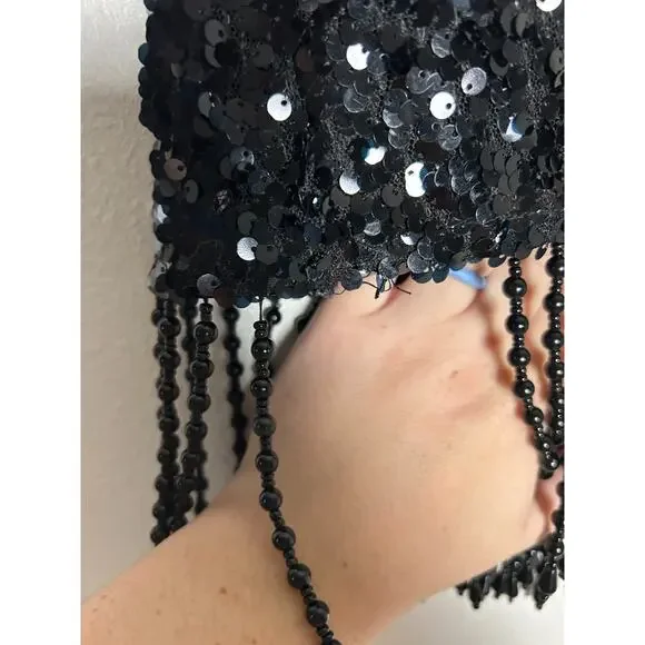 Reformation Black Martina Showgirl Sequin Mini Beaded Fringe Womens Skirt Size 2 - Picture 3 of 8
